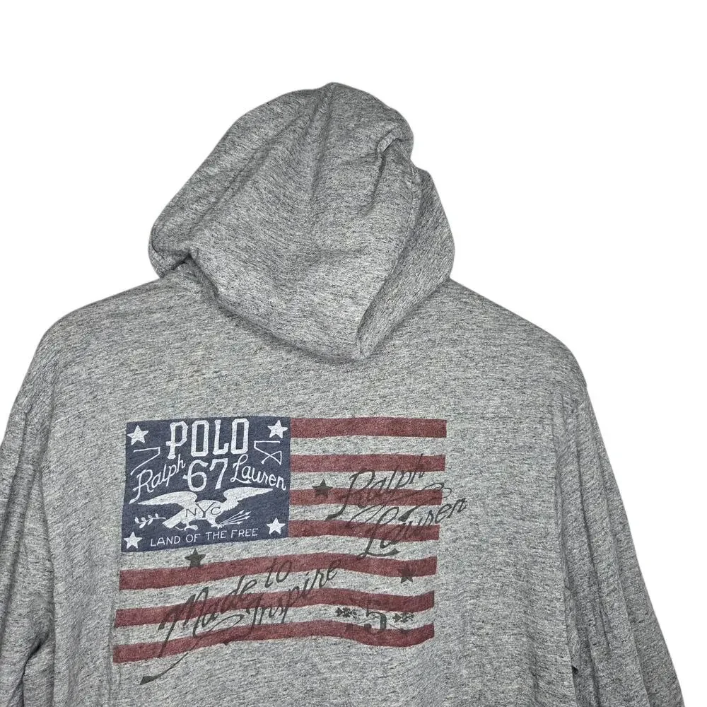 Ralph Lauren Mens Grey 1967 Polo Flag Cotton Hoodie Pullover Sweatshirt SZ L USA